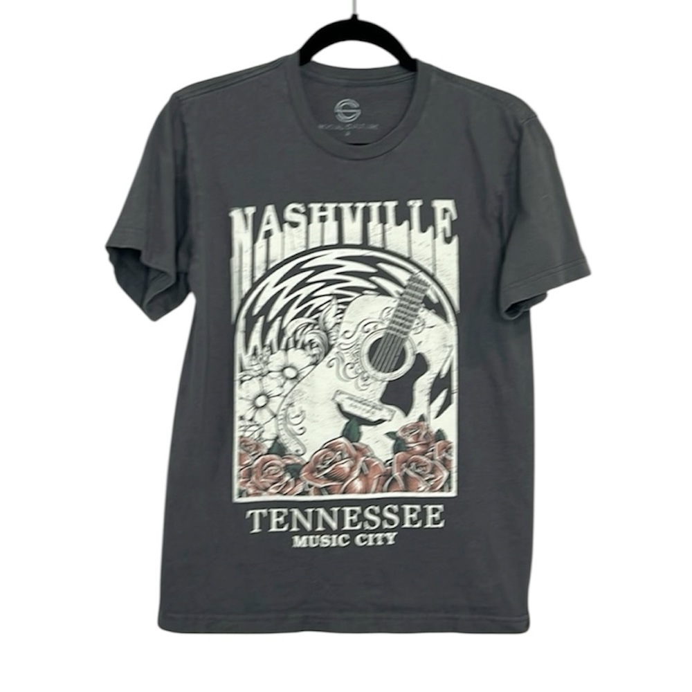 Nashville Tennessee Music City Guitar Print Gray Tee size Small